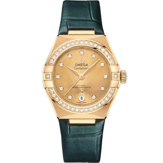 Omega Constellation 29 mm, gult guld på läderarmband 131.58.29.20.58.001