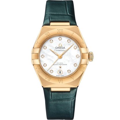 Omega Constellation 29 mm, gult guld på läderrem 131.53.29.20.55.001