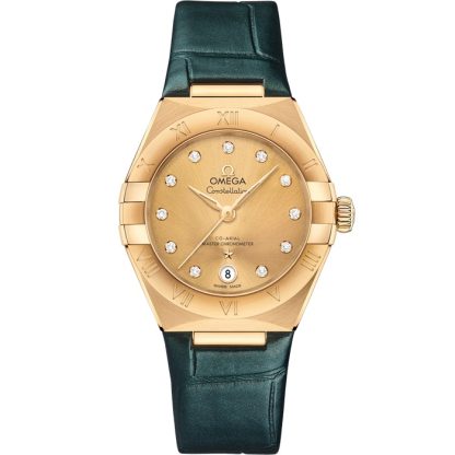 Omega Constellation 29 mm, gult guld på läderrem 131.53.29.20.58.001