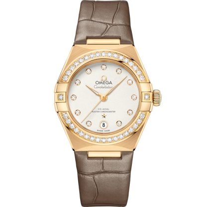 Omega Constellation 29 mm, gult guld på läderrem 131.58.29.20.52.001