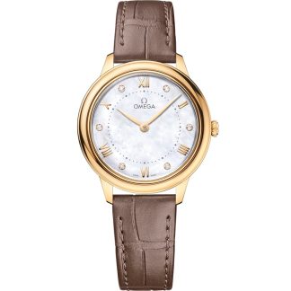 Omega De Ville Prestige 30 mm, gult guld på läderarmband 434.53.30.60.55.002