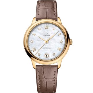 Omega De Ville Prestige 34 mm, gult guld på läderarmband 434.53.34.20.55.002