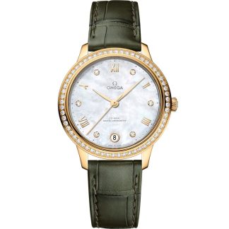 Omega De Ville Prestige 34 mm, gult guld på läderband 434.58.34.20.55.002